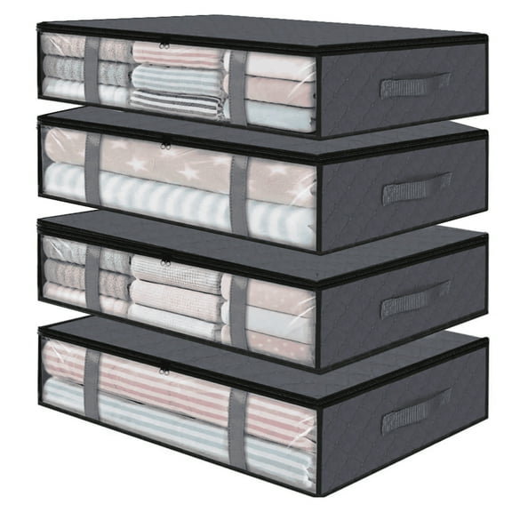 LAFAYTTE Under Bed Storage Containers, 42L Visible Underbed Storage for Blanket, Pillows, 4pcs Large Bins with Reinforced Handles Foldable Containers