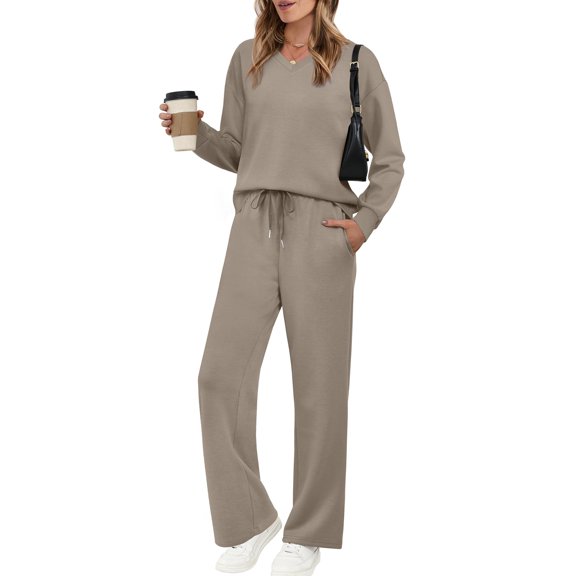 Quixlent Two Piece Outfits for Women Casual Fall Lounge Sweatsuits Long Sleeve V-Neck Top Wide Leg Pants Matching Sets