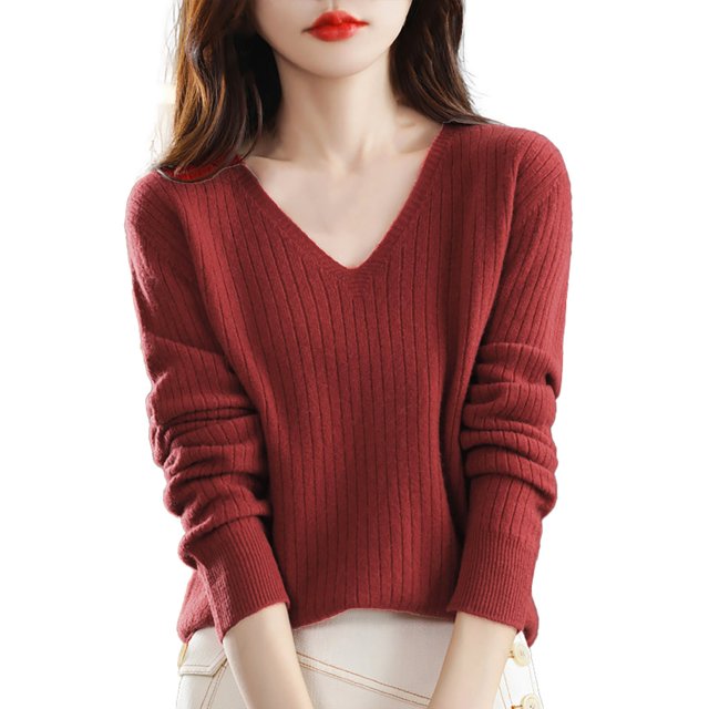 IMENGL Wool core spun yarn knit sweater, Red L, Size M-2XL
