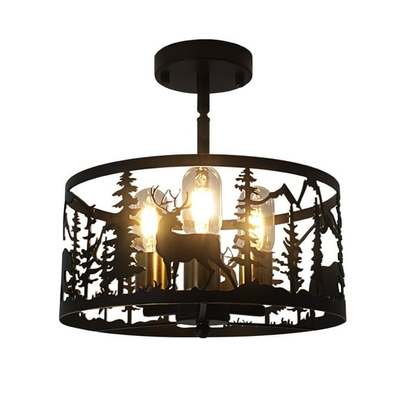 ELINKUME Ceiling Light, Semi-Recessed Ceiling Light, E12 Lamp Holder Deer Element Wrought Iron Countryside Retro Lamp, Length 12.5 inches * Height 12.9 inches