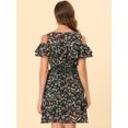 thumbnail image 3 of Unique Bargains Robe à Fleurs Taille Smockée Épaules Dénudées Noir TP, 3 of 4