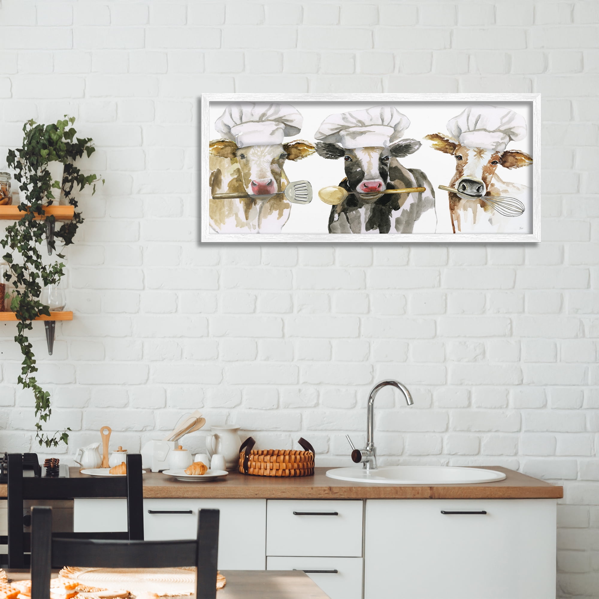 Stupell Industries Cow Chefs with Utensils White Framed Giclee Art, design by Nan