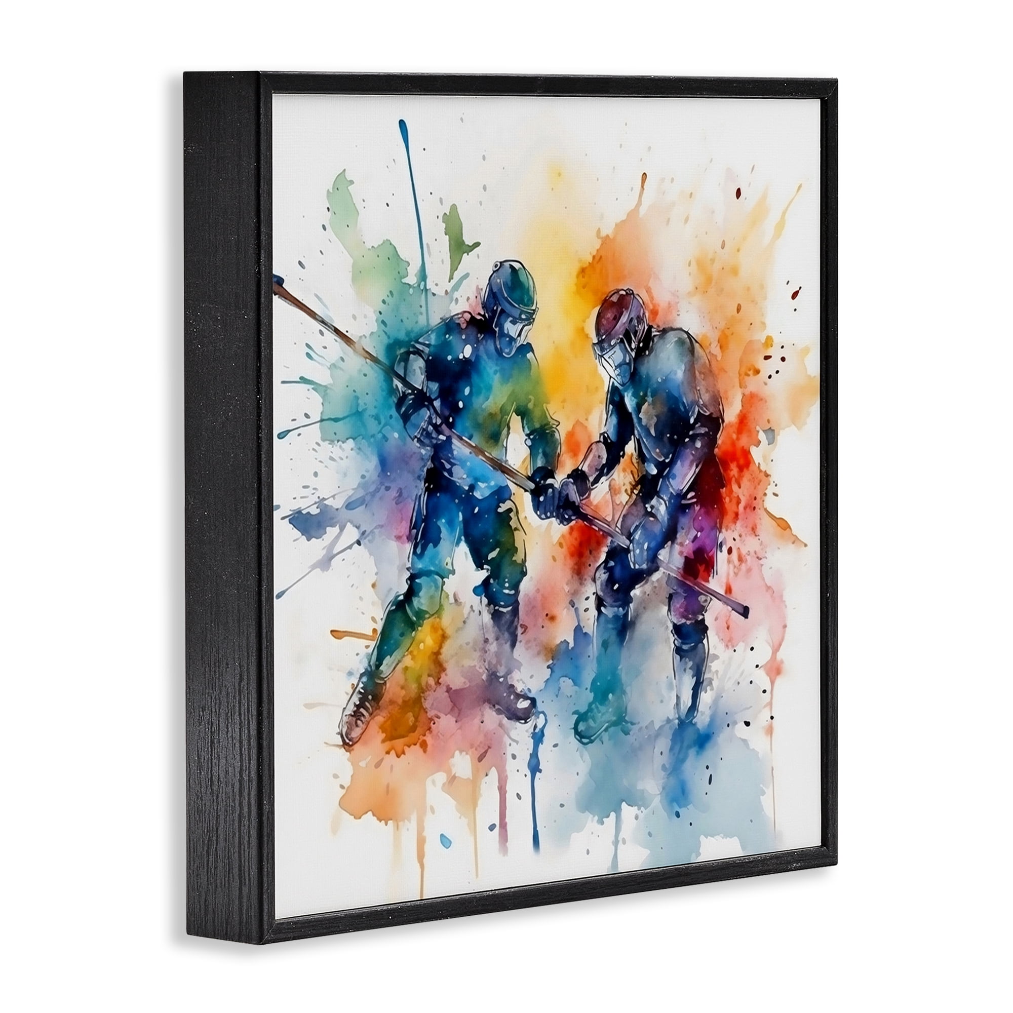Stupell Industries Watercolor Hockey Faceoff Black Framed Giclee Art, design by Creative Studio