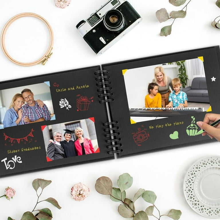 Yalumo 80 Pages Scrapbook Album, Photo Album Scrapbook 11.3x8.5 Inch with 12 Markers, Cardboard Scrapbooking Kit for Family DIY Wedding Birthday Anniversary, Black, Graduation Gifts