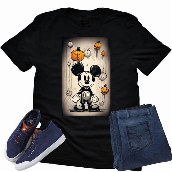 Mickey Drip Halloween Pumpkin Shirt Adult Unisex T-Shirt Casual Short Sleeve (Black, 3X Large)