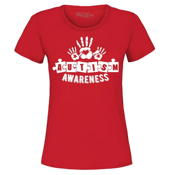 Shop4Ever Women's Heart Handprints Autism Awareness Puzzle Pieces Graphic T-Shirt Small Red