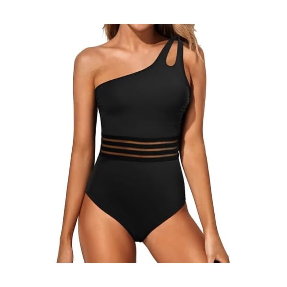 One Shoulder One Piece Swimsuit for Women Tummy Control Bathing Suits Modest Full Coverage Keyhole Swimwear