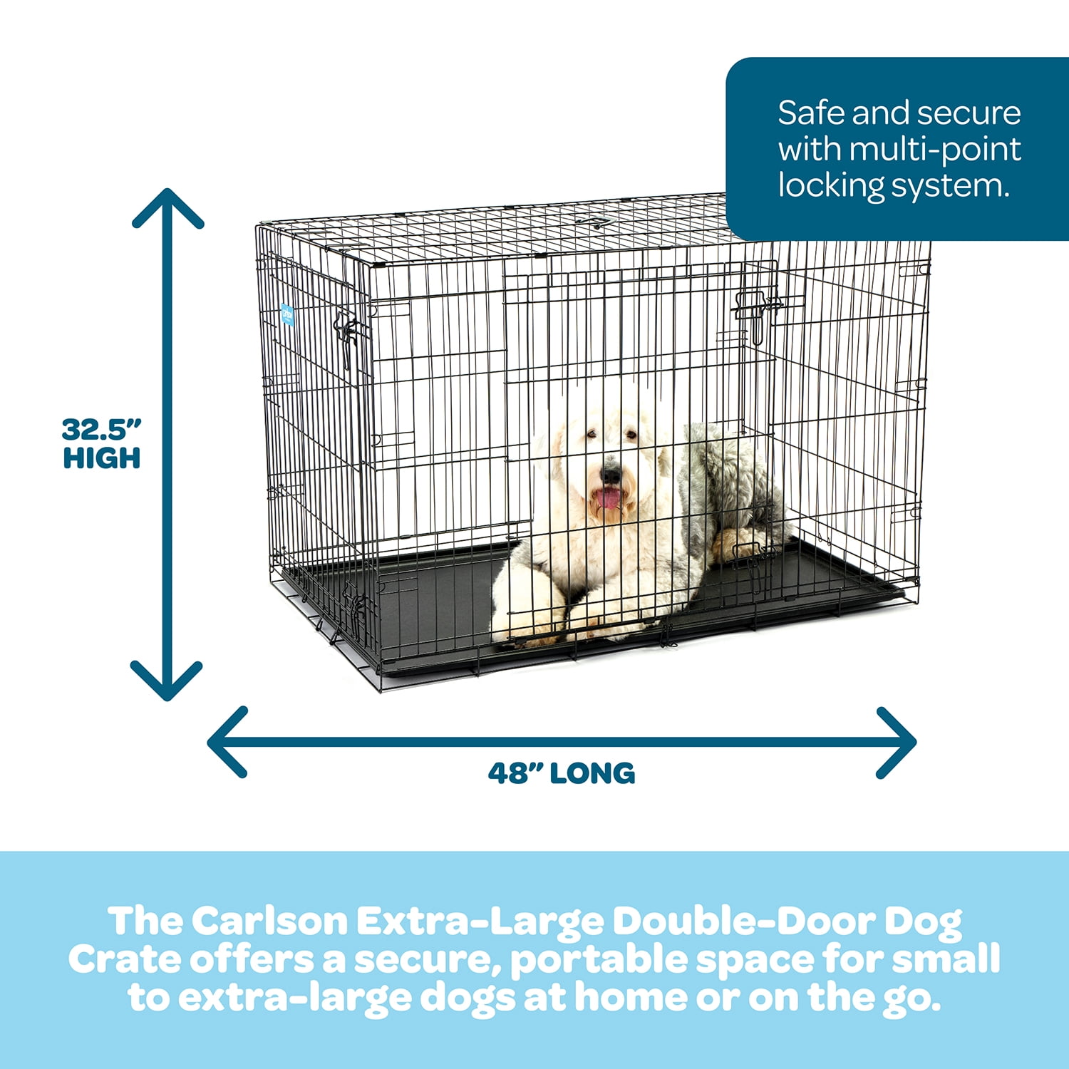 Carlson Secure and Compact Double Door Metal Dog Crate, For Extra Large Breeds Up To 120 Pounds, Includes Divider Panel and Removable Pan, Black