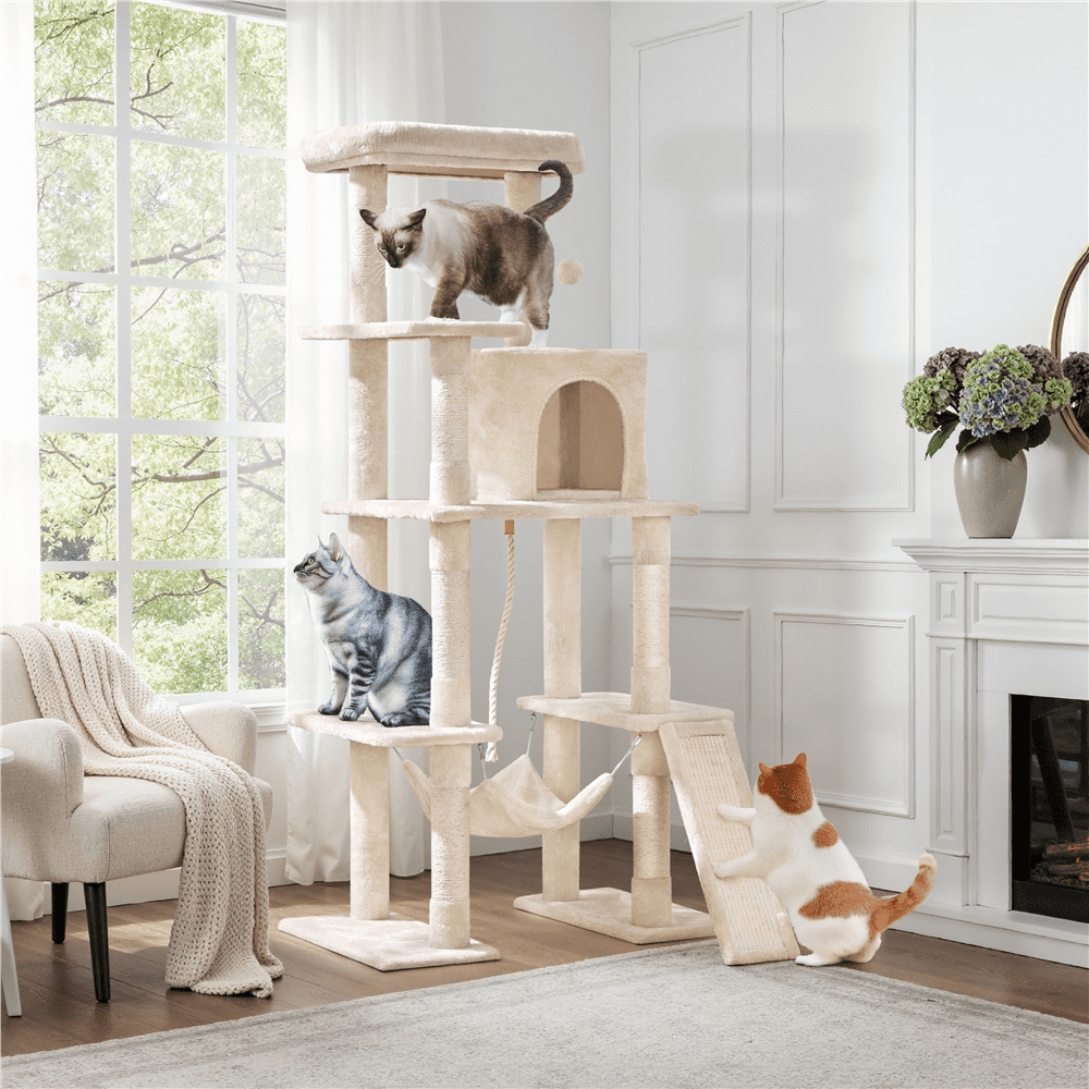 Yaheetech 63 Inch Multilevel Cat Tree with Hammock and 7 Scratching Posts, Beige