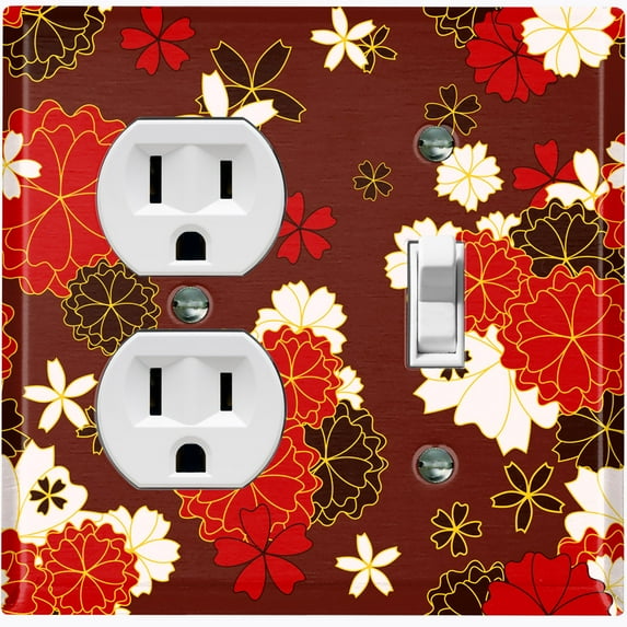 Metal Light Switch Plate Cover Japanese Sakura Flower Pattern Maroon Wallpaper FLW046