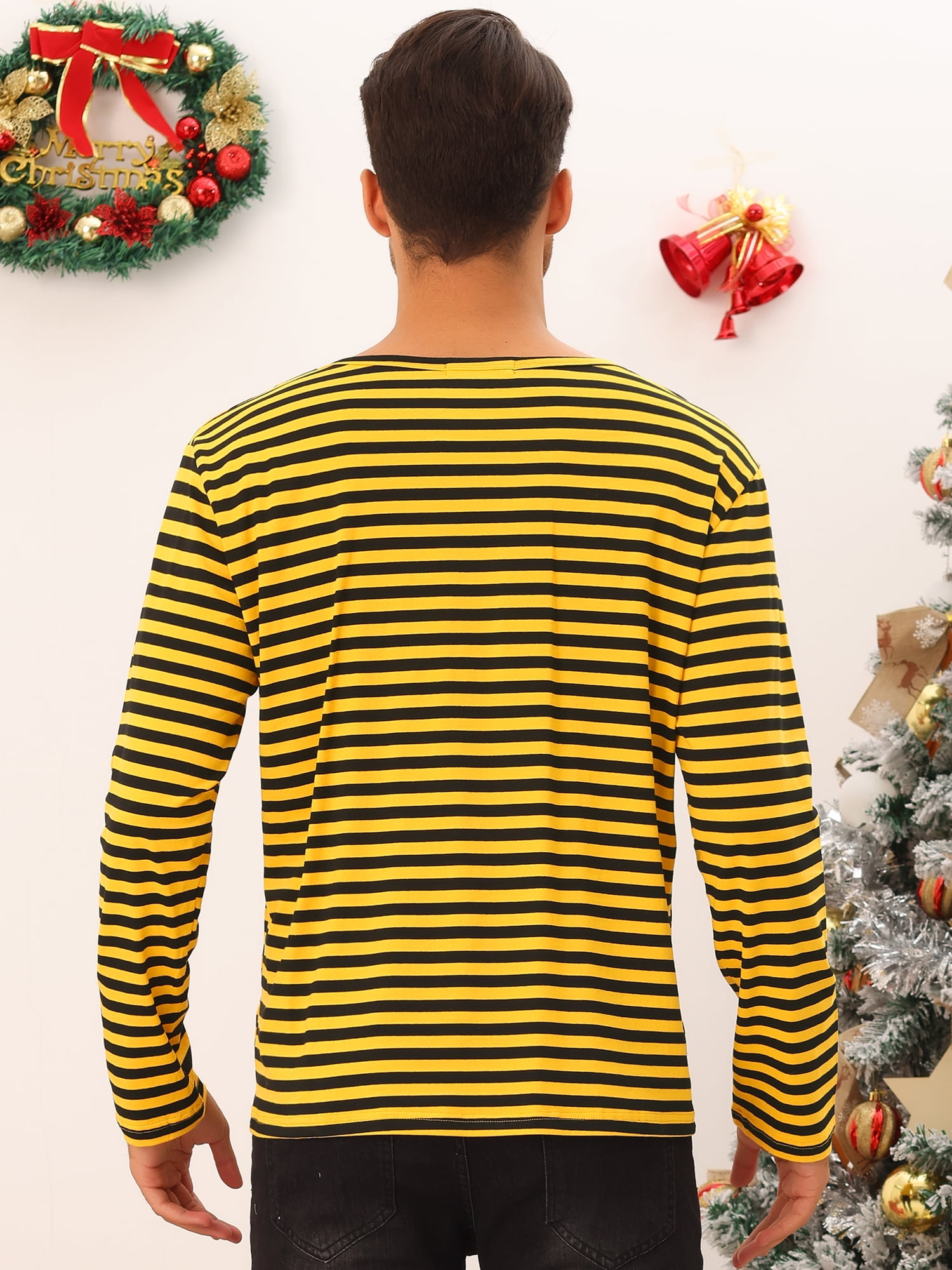 Unique Bargains Men's Striped T-Shirt Crew Neck Long Sleeves Pullover Tee Tops M Yellow Black