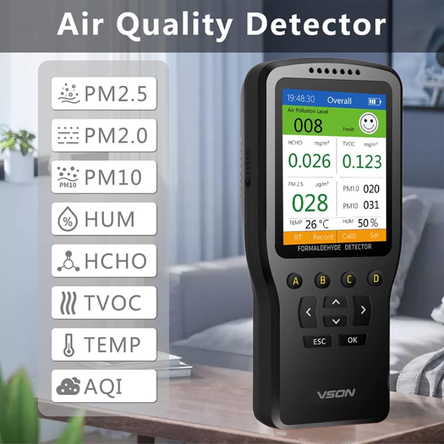 Air Quality Monitor. Nested sensors simultaneously detect Indoor Humidity, Indoor Temperature, and Volatile Harmful Gases Such as Formaldehyde, Benzene, and Ketones in The air.
