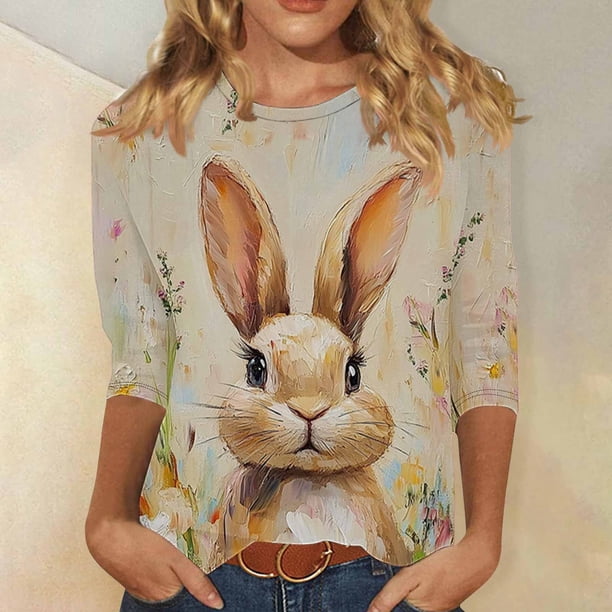 TaTaai Women Fashion Easter Print Crew Neck 3/4 Sleeve Pullover Top Casual T-Shirt Ladies Spring Daily Leisure Wear Lightweight Soft Non-See-Through No Fading Breathable Top Gift