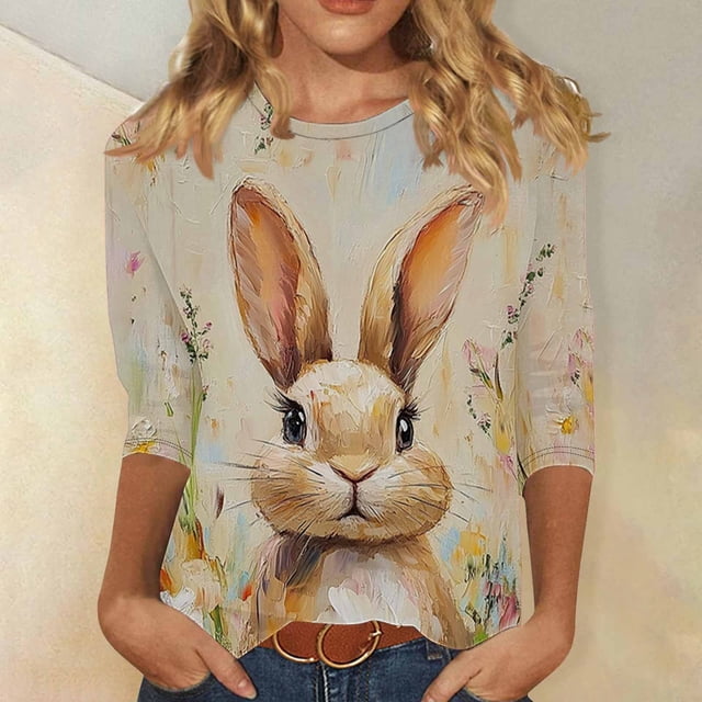 TaTaai Women Fashion Easter Print Crew Neck 3/4 Sleeve Pullover Top Casual T-Shirt Ladies Spring Daily Leisure Wear Lightweight Soft Non-See-Through No Fading Breathable Top Gift