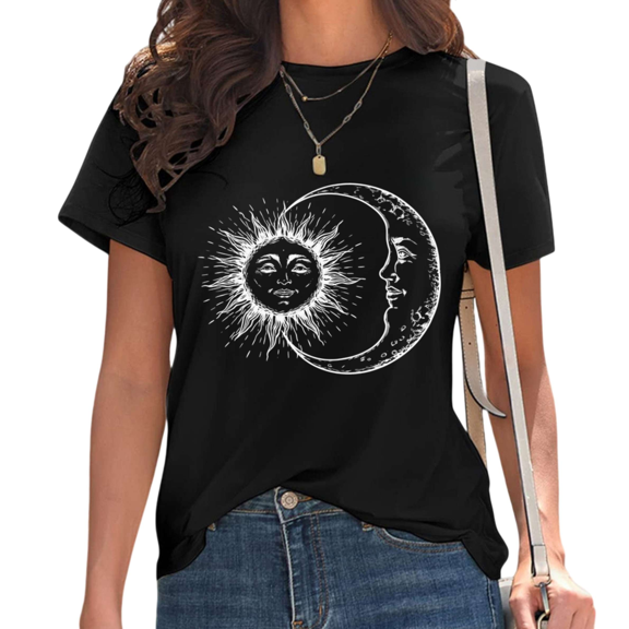 UNISHE Women's Boho Celestial Sun and Moon Face Art Casual Crew Neck Short Sleeve T-Shirt Top