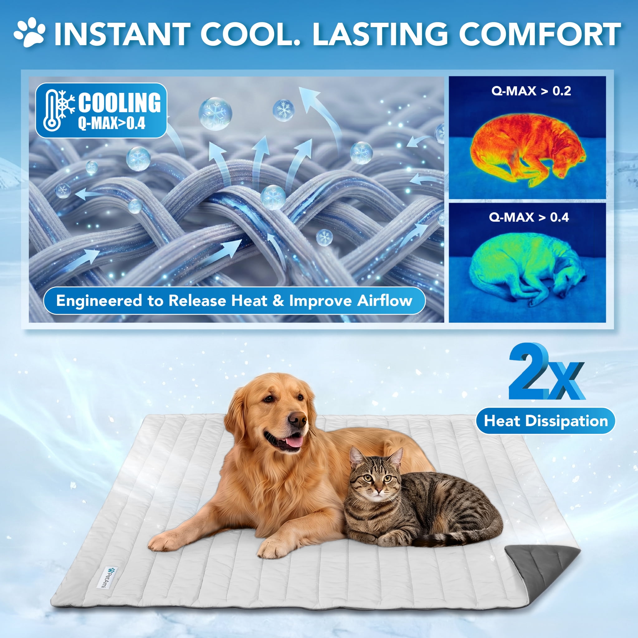 PetAmi Dog Cooling Mat, Q-Max Pet Cooling Blanket with Thick Cushioning, Self Cooling Pad for Dogs & Cats,  Reversible Summer Mat for Crate, Couch, Kennel, Gray/Light Grey, Large (40x60)