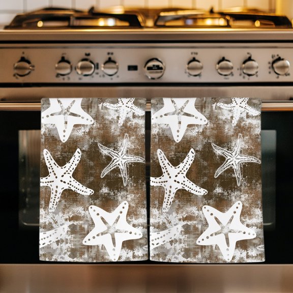 Coastal Starfish Kitchen Towels Set of 4, Vintage Country Ocean Life Tie-dye Brown Absorbent Dish Towels for Kitchen, Microfiber Hand Towel, Quick Drying Tea Towel for Cleaning Decorative Dishcloths