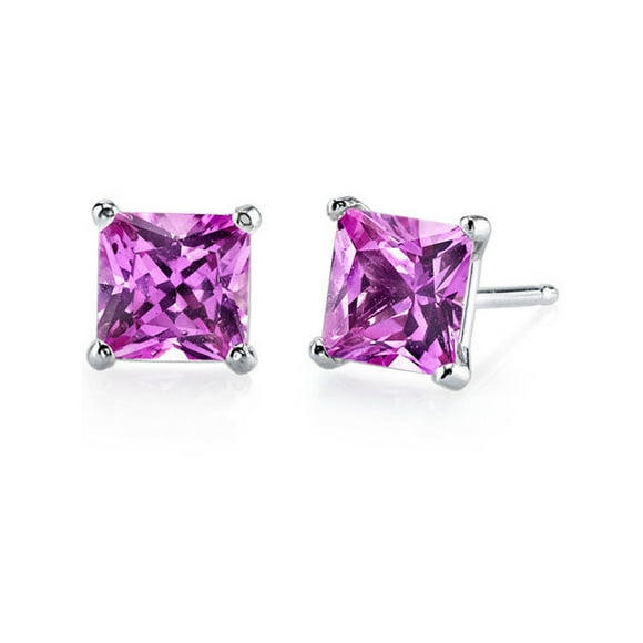 Paris Jewelry 10k White Gold Plated 2 Carat Princess Cut Created Pink Sapphire Stud Earrings