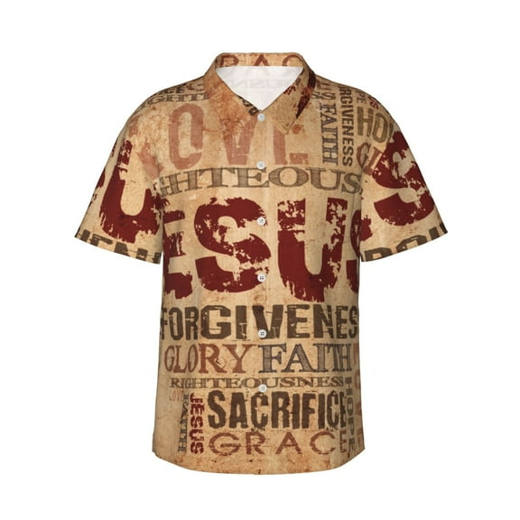Religious Words Men's 3d Print Casual Button Down Shirts, Novelty Hawaiian Short Sleeves Xl