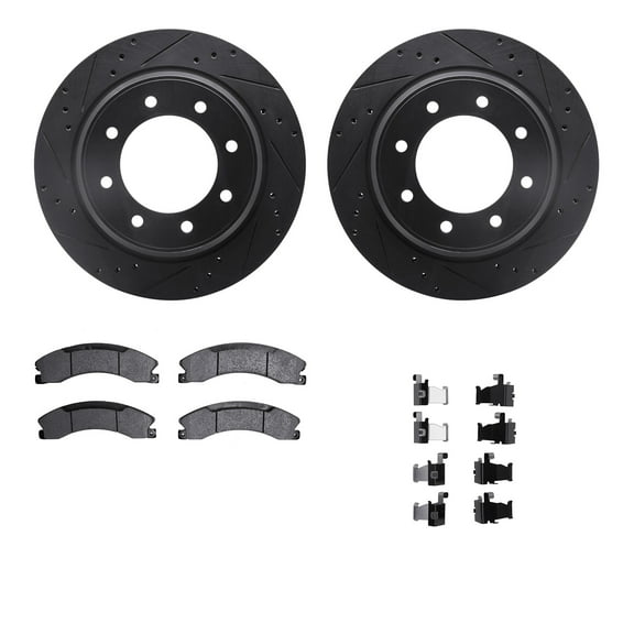 Dynamic Friction Company Rear Brake Rotors-Drilled and Slotted-Black with Heavy Duty Brake Pads includes Hardware 8212-67003
