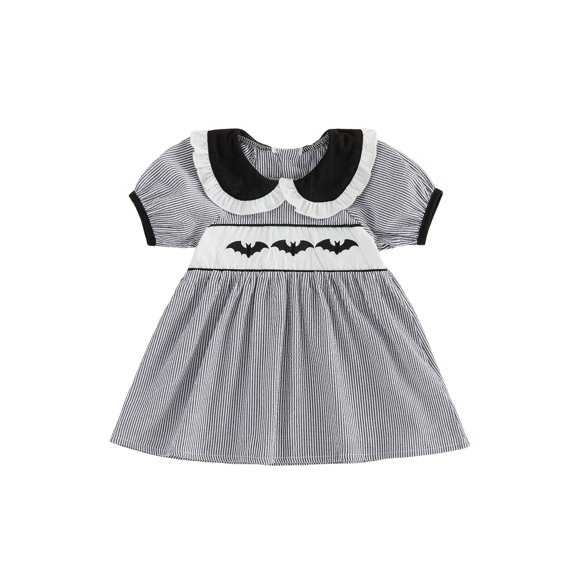 Cjfdfy Kids Toddler Baby Girls Halloween Dress Outfit Infant Baby Girls Summer Fall Clothes 6 12 18 24 Months 2 3 4 5 Years Doll Collar Ghost Witch Hat Bat Print Short Sleeve Striped Dress