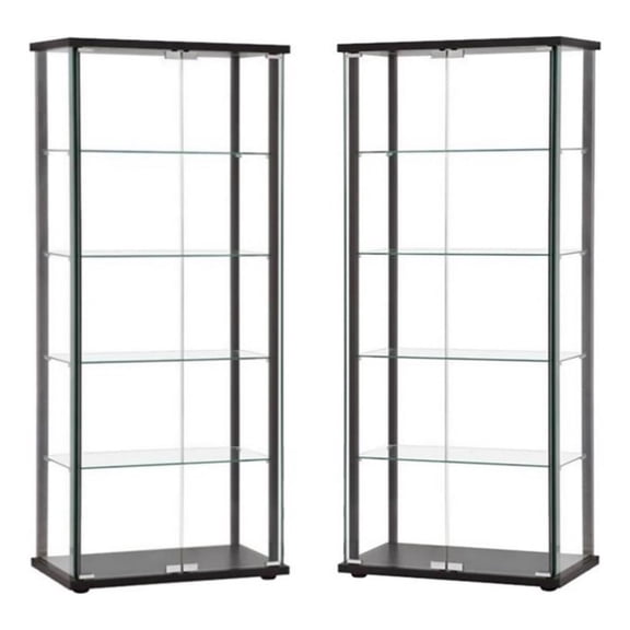 Home Square Contemporary 5-Shelves Wood/Glass Curio Cabinet in Black (Set of 2)