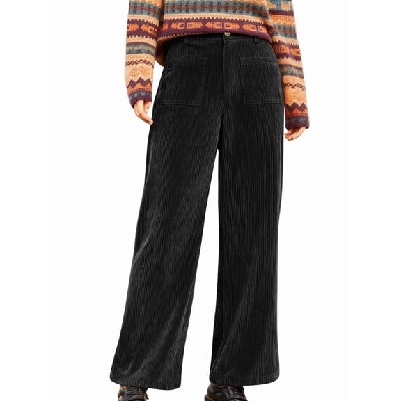 Women'S Corduroy Wide Leg Pants with Patch Pockets Casual Slim Fit Elastic Waist Trousers Black L