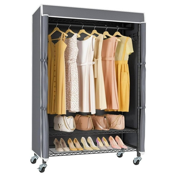 R3C Rolling Clothes Rack with Cover Portable Closet for Hanging Clothes, Heavy Duty Garment Rack Clothing Racks with Wheels& Hanging Rod, Black Racks with Grey Upgraded Polyester Cover