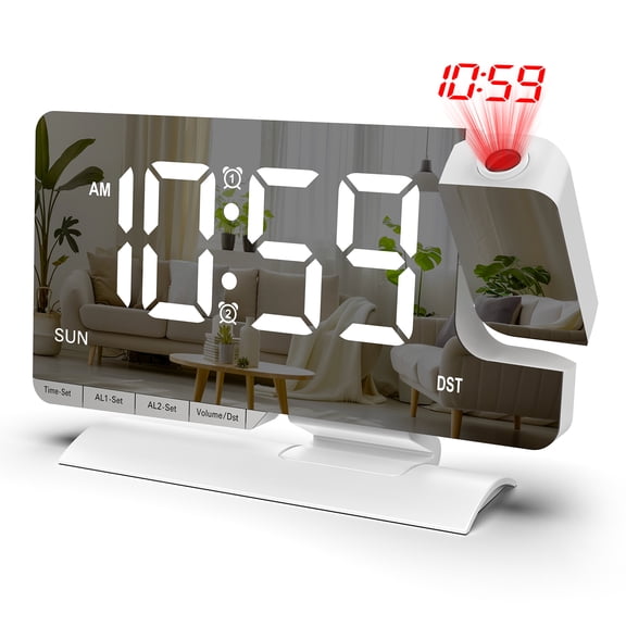 Digital Projection Alarm Clock with Dual Alarms, USB and Type-C Charging Ports, 6-Level Dimmer Bedside Desk Clock (180-Degree Rotating Projector, Daylight Saving Time Manual Mode, White Cover)