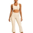 thumbnail image 2 of Women Racerback Scoop Neck Sports Bra High Waist Cropped Flare Pants 2 Piece Athletic Workout Outfit Sets Beige XL, 2 of 9