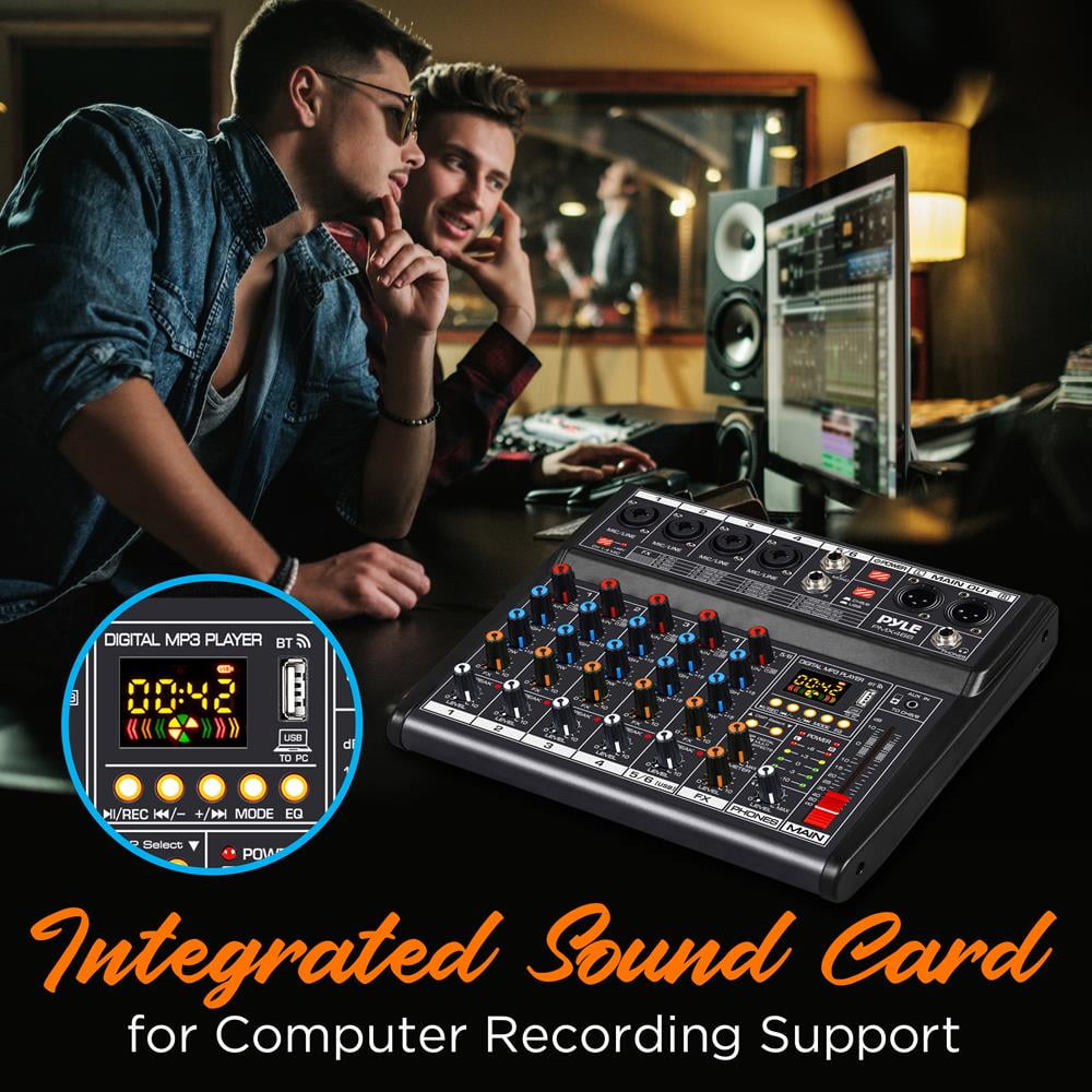 Pyle PMX466 - 6-Channel Audio Mixer w/ Recording Interface - Built-in Multi-FX Processor/AUX Input & MP3 Player, 4 XLR I/O Connectors