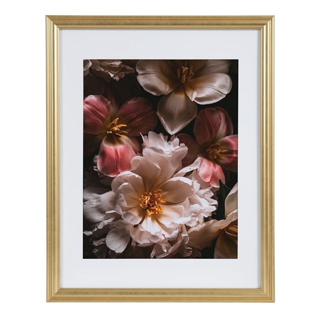 Gold tabletop picture frame matted to 11x14 inches showcasing a close-up floral print with pink and white petals.