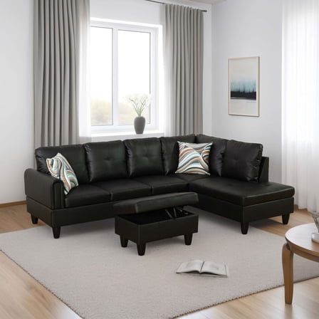 Black Faux Leather 3-Piece Living Room Sofa Set