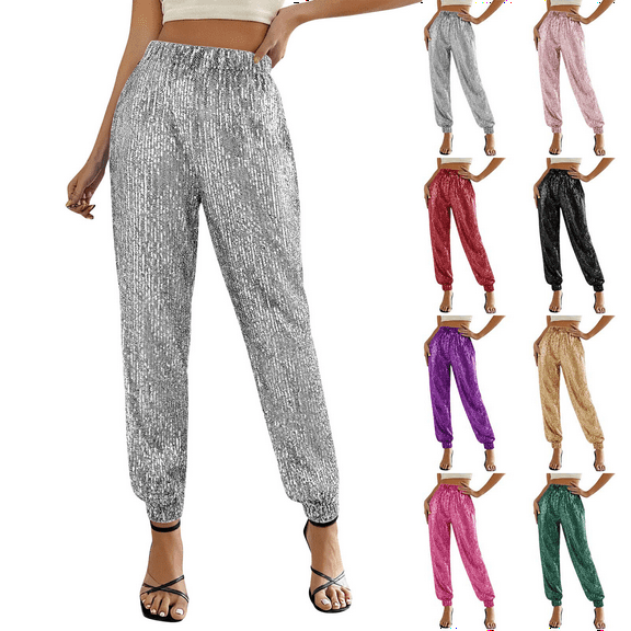 Sequin Joggers Pants High Waist Stretchy Sequin Shiny Party Pants Clubwear Carnival Performance Outfit Women Sweatpants
