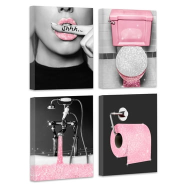 Drsoum Glam Pink Fashion Funny Bathroom Wall Art Decor Prints Glitter Canvas Framed Posters 8x10in