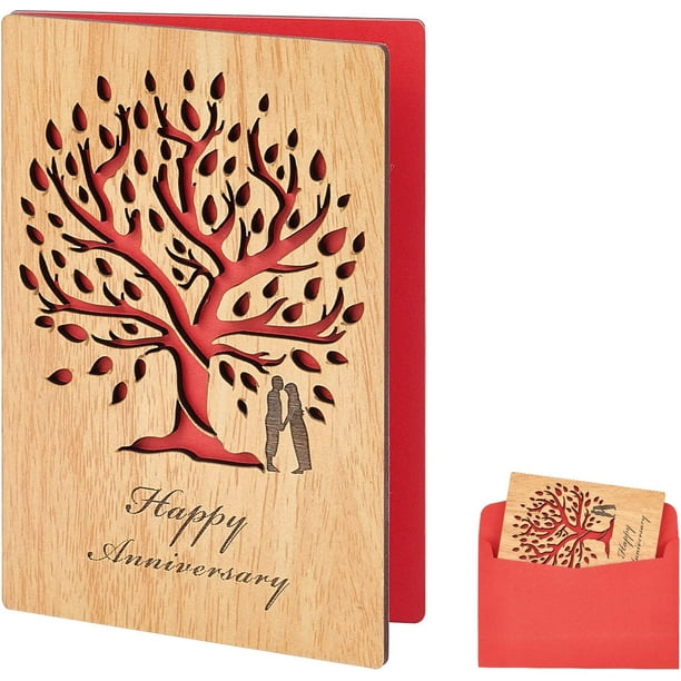 Tarjeta de aniversario de bodas de madera Tarjeta de feliz aniversario Diseño de árbol de la vida Tarjeta de felicitación de madera hecha a mano Regalos