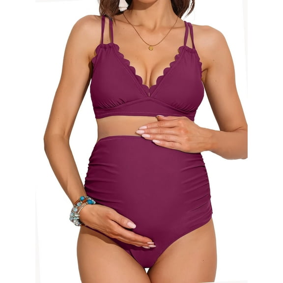 Sociala Women's Double Straps Maternity Bikini Set Two Piece Scalloped Bathing Suit Swimsuit