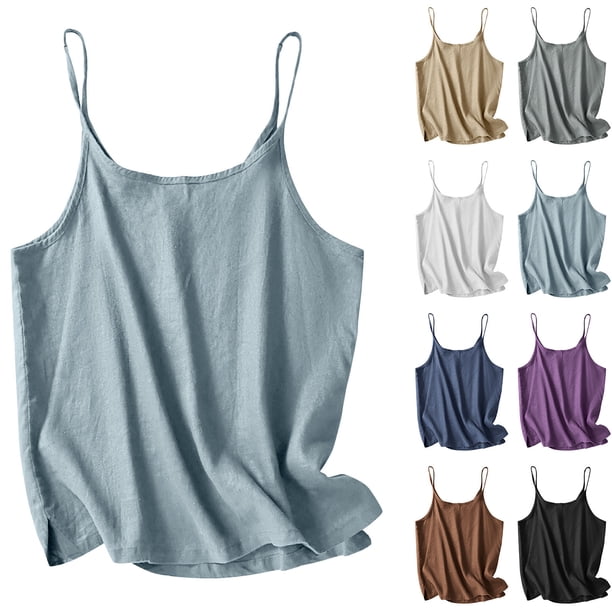 Ropa para mujer,Camiseta de tirantes de lino para mujer, color liso, manga corta con abertura en el bajo, escote redondo, estilo informal, sopatenor