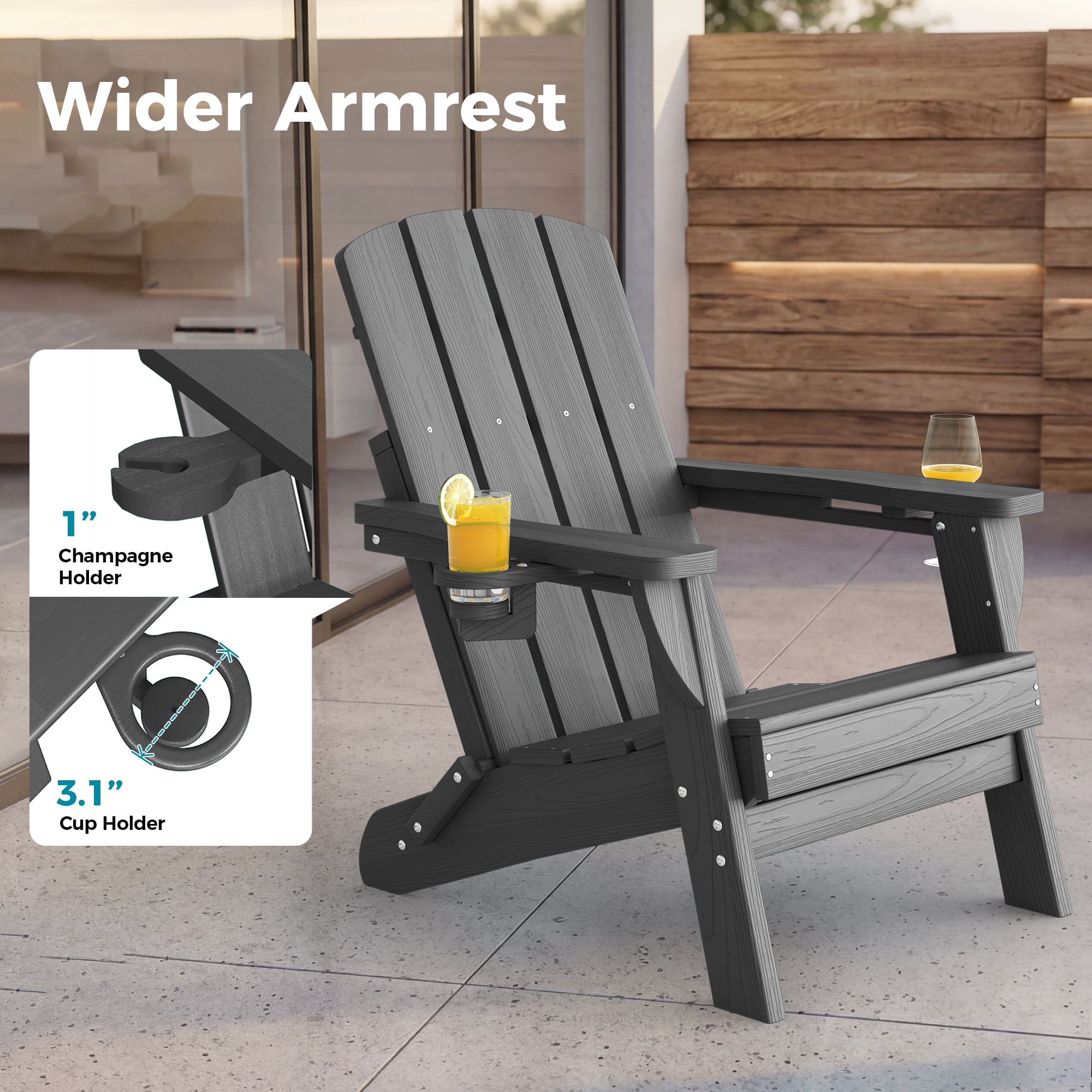 Outdoor Adirondack Chair, Outdoor Folding All-Weather HDPE Adirondack Chairs with 2 Cup Holders for Patio, Gray