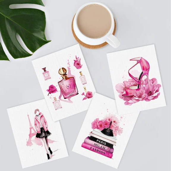 PixonSign Adhesive Wall Art Fashion Sketch Paris France Eiffel Tower Perfume Posters, Set of 4 Pink Preppy Room Digital Art Minimalism Modern Canvas Prints for Home Decor - 8"x10"