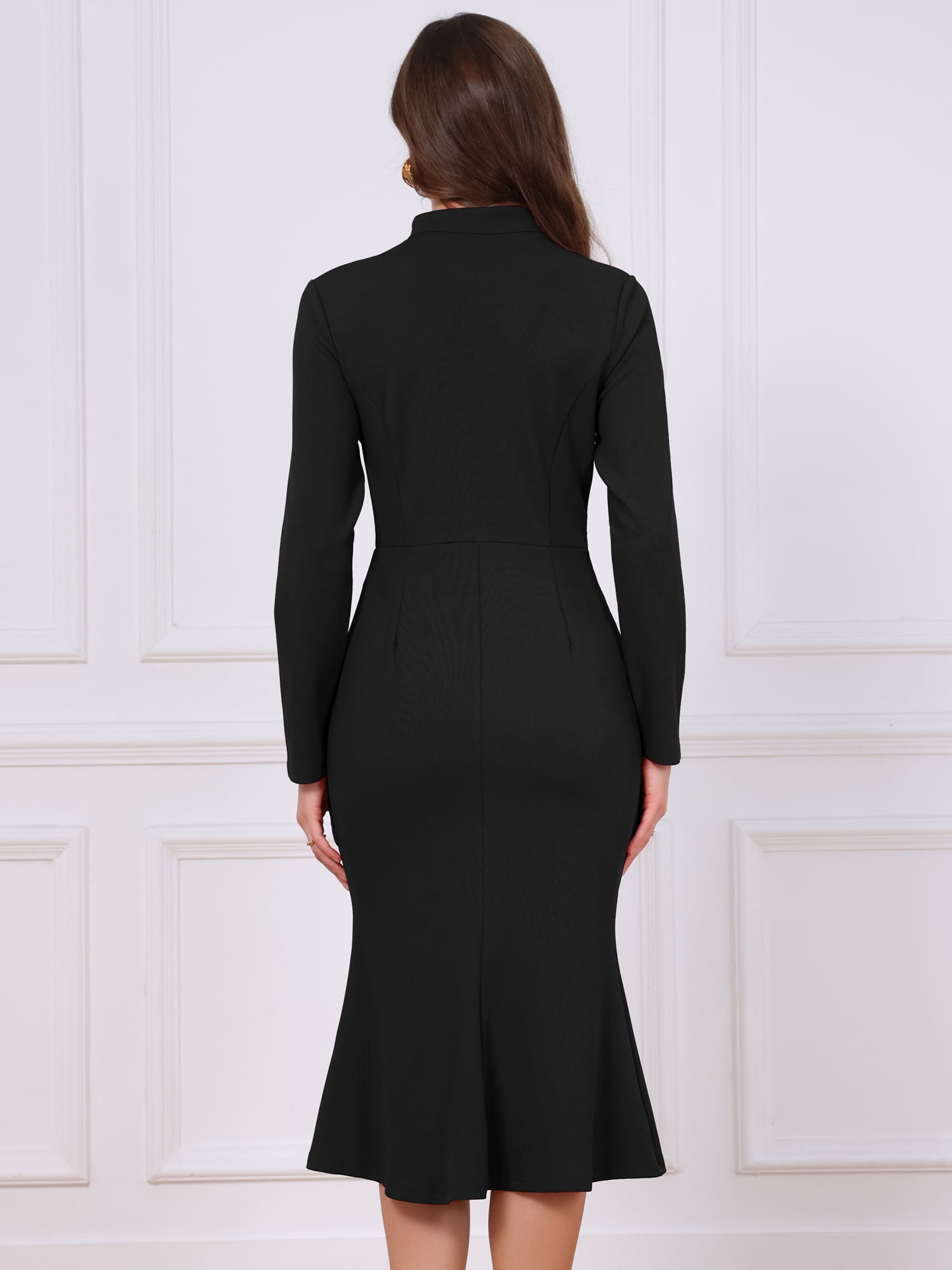 DARING DIVA Women's Midi Fishtail Dress Long Sleeve Stand Neck Work Dress XS Black