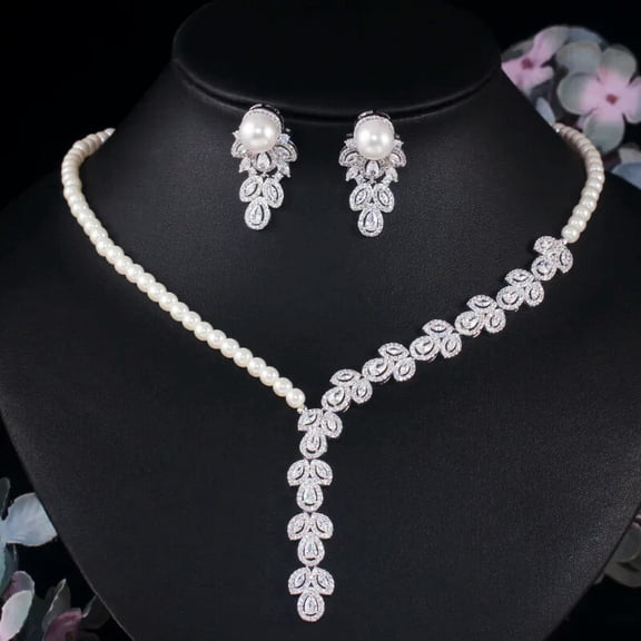 Silver Plated Cubic Zirconia Simulated Pearl Leaf Earrings Necklace Jewelry Set