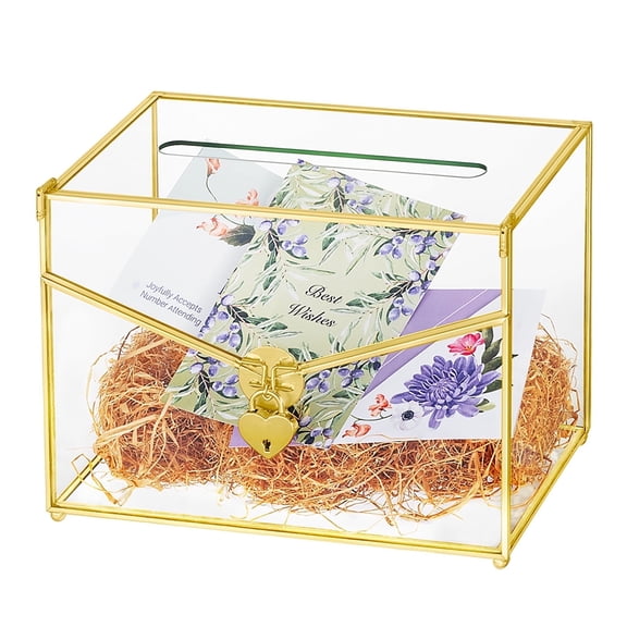 NCYP Envelop Shaped Gold Wedding Card Box with Heart-shaped Lock Key Set, with Slot, for Reception, Wishingwell, Decorative Storage Box(Card Box and Lock Key Only)
