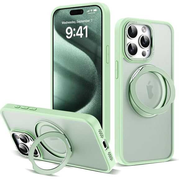 Designed for iPhone 15 Pro Max Case with 360° Rotatable & Invisible Magnetic Ring Stand [Compatible with Magsafe] Military-Grade Translucent iPhone 15 Pro Max Phone Case 6.7", Green