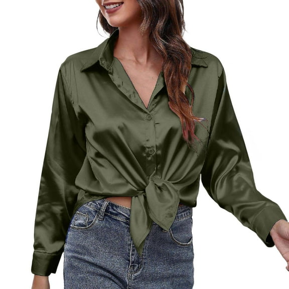 DuoJiaJ Women Satin Silk Button Down Shirt Ladies Long Sleeve Tops V Neck Loose Blouse Dressy Business Casual Work Tunic Fall Green L