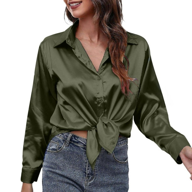Blusa de seda satinada con botones para mujer - Camisa de trabajo informal holgada de manga larga - Tejido suave 95 % poliéster - Prenda versátil