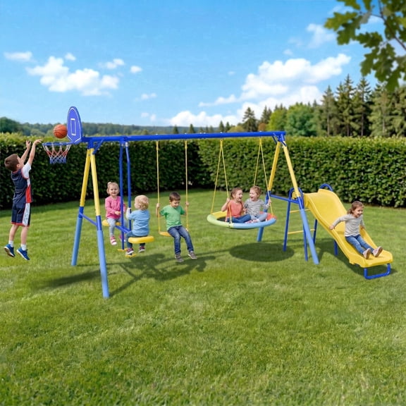 Gardwin Swing Sets Heavy-Duty Outdoor Metal Swing sets for Backyard,Playground,Outside Toys with Glider,Saucer Swing,Belt Swing,Wave Slide,Basketball Hoop for Aged 3-12