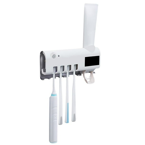 Esterilizador de Cepillos de Dientes Uvc con Soporte, Estuche Esterilizador de Pared para 4 Cepillos con Carga Usb y Solar, Exprimidor de Pasta de Dientes, Diseño Moderno para Organizar El Baño.