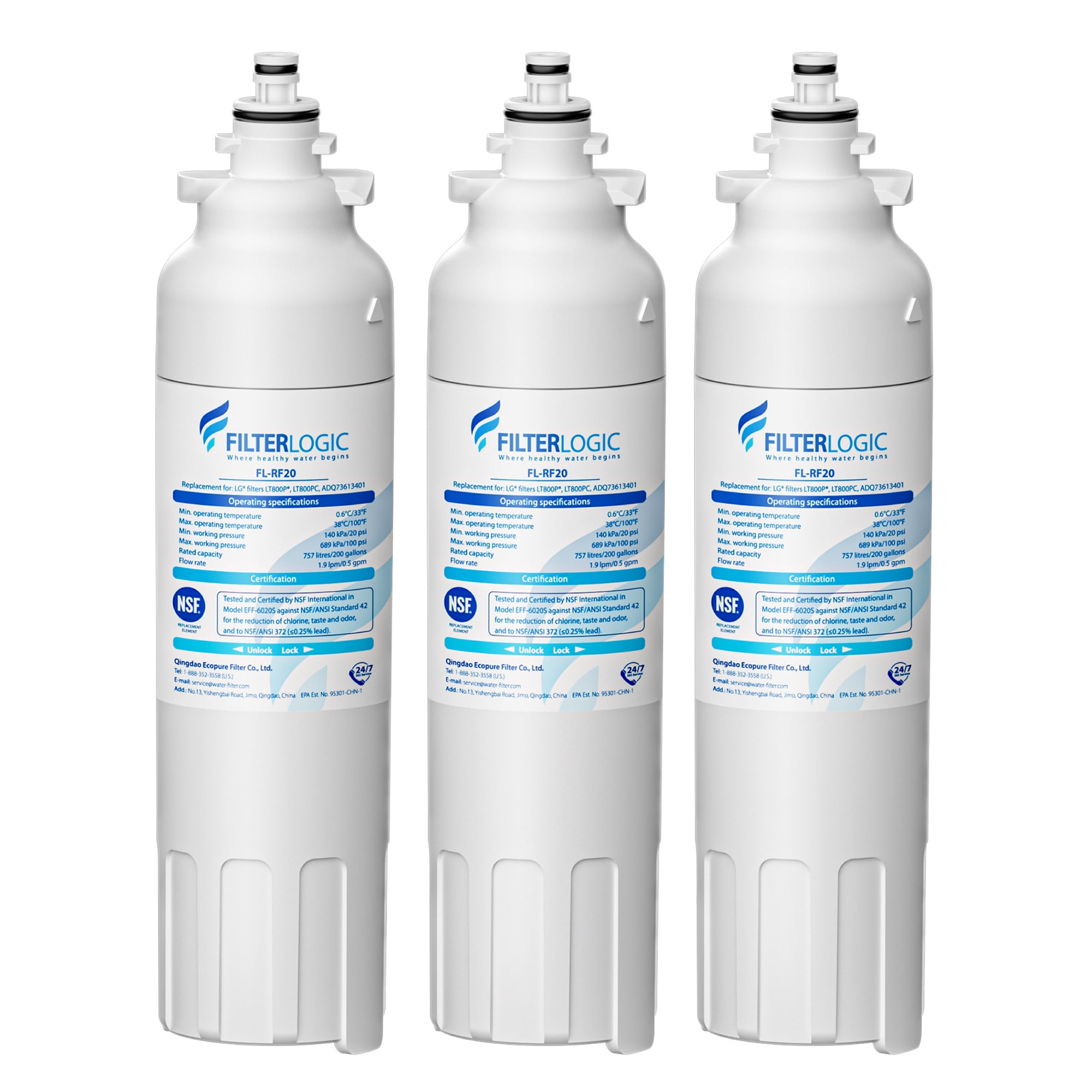 Filterlogic ADQ73613401 Refrigerator Water Filter, Replacement for LG® LT800P®, LT800PC, ADQ736134, ADQ73613402, LSXS26326S, LSXS26366S, LMXS30776S, LSXS26366D, LMXC23746S, 46-9490, 469490, Pack of 3