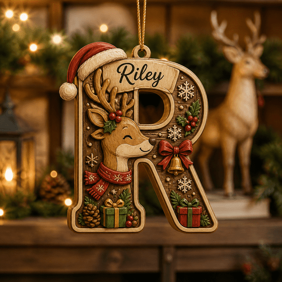 Wooden Ornament Letter R Reindeer Christmas Tree Hanging for Holiday Decor